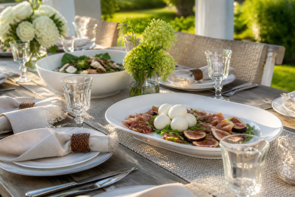 Step-by-step infographic on styling an outdoor dining table with floral centerpieces and linen napkins