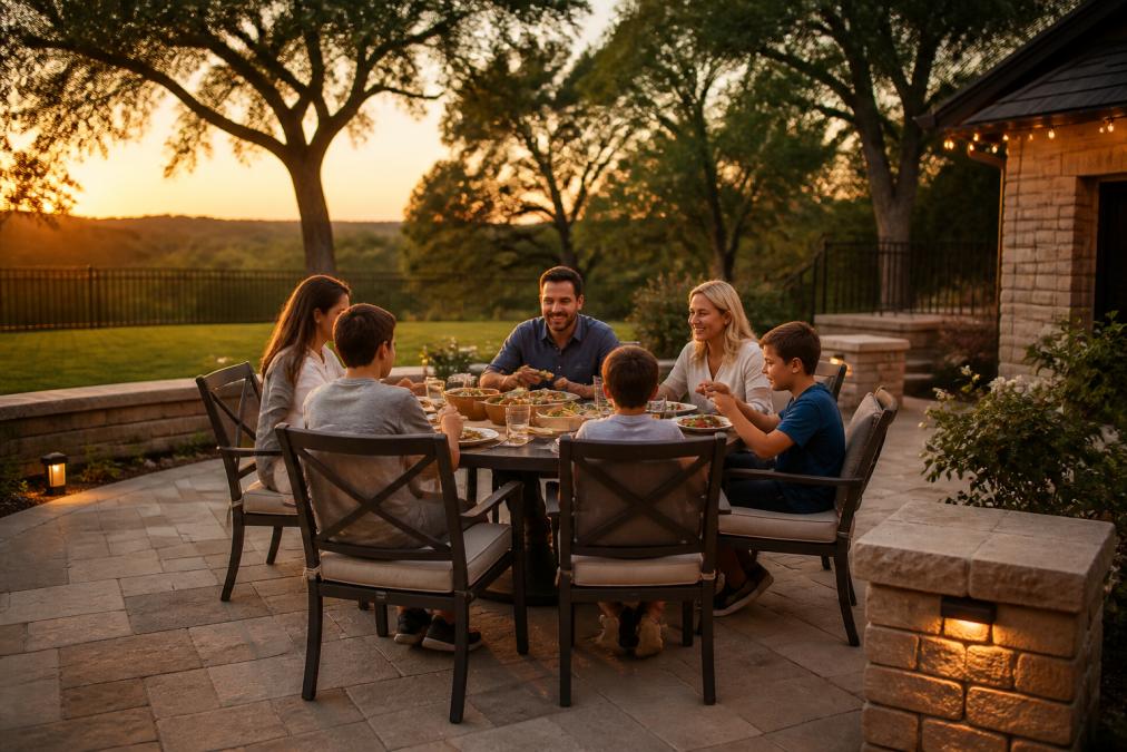 Family gathered around an outdoor dining table on a stone patio during golden hour, with comfortable seating, landscaping, and warm ambient lighting creating an inviting entertainment space