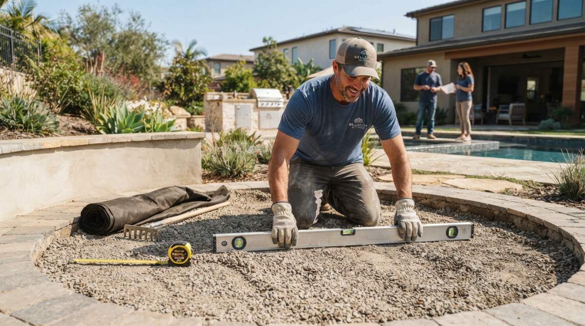 A contractor in work gloves leveling a gravel foundation for an outdoor fire pit in a Southern California backyard, with a tape measure and a spirit level visible on the ground