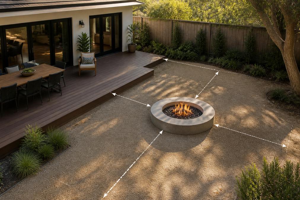 Overhead view of a residential backyard showing a fire pit positioned at safe distance from a wooden deck and house, with clear measurement zones marked in the ground
