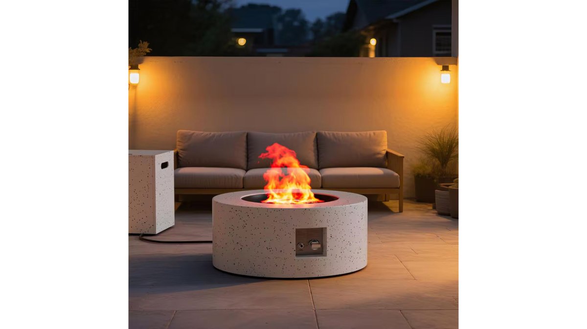 Outdoor Fire Pit Table Gas Fire Pits, 30 In. round Firepit Table, 50,000 BTU Fire Table for Patio, White with Black Dots