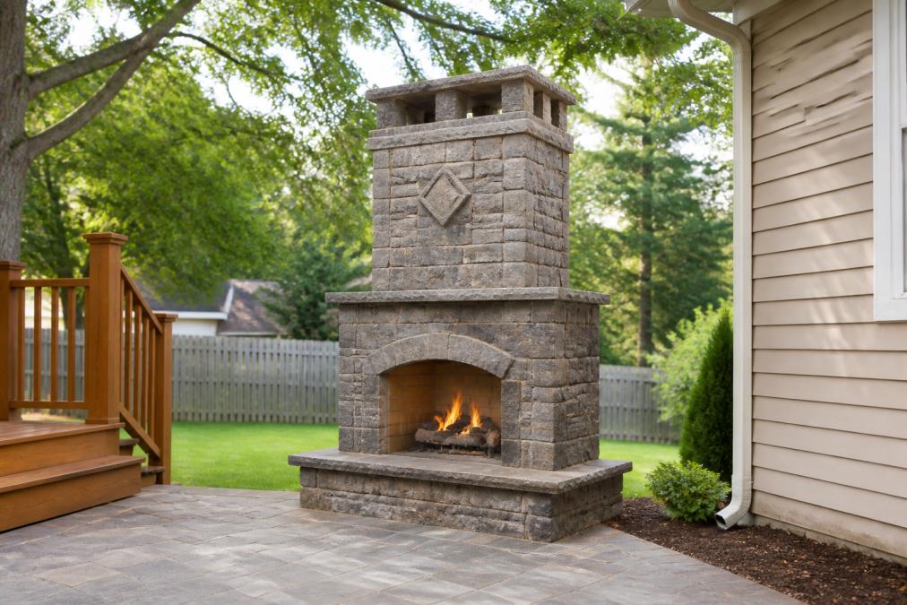 Outdoor fireplace installed in residential backyard with clear measurement spacing visible between the fireplace structure, nearby wooden deck railing, tree branches overhead, and house exterior wall