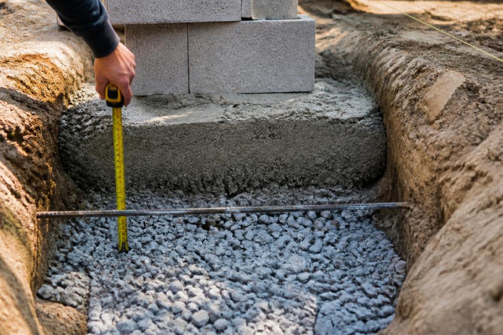 Close-up detail of outdoor fireplace foundation installation showing concrete footing depth, non-combustible base materials, gravel drainage layer, and measurement reference points during construction