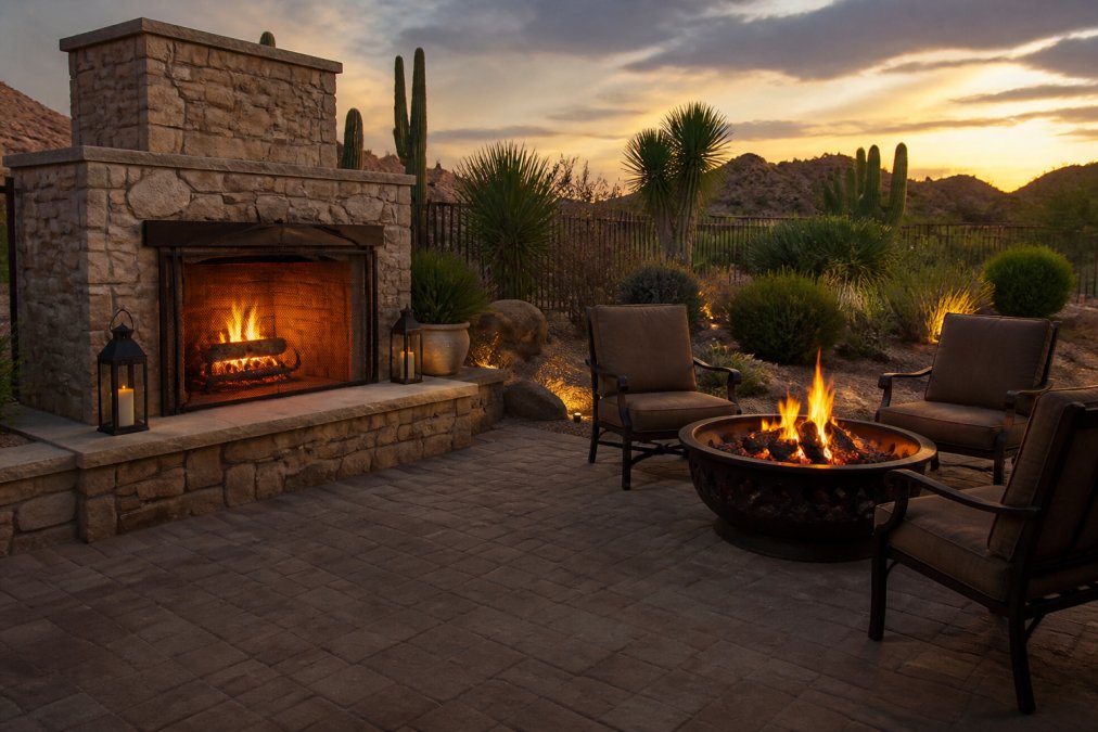 A finished backyard patio at dusk with a built-in stone outdoor fireplace on one side and a round metal fire pit with chairs on the other, warm firelight, desert landscaping in the background