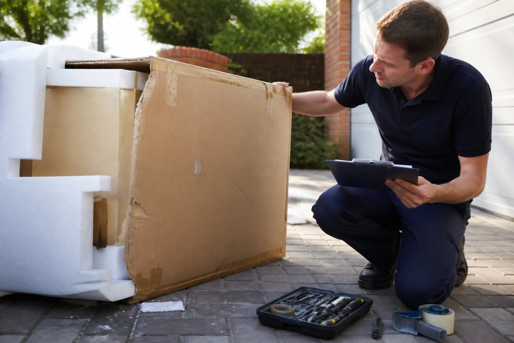 Person inspecting a cardboard box for damage to follow shipping and return policies upon arrival
