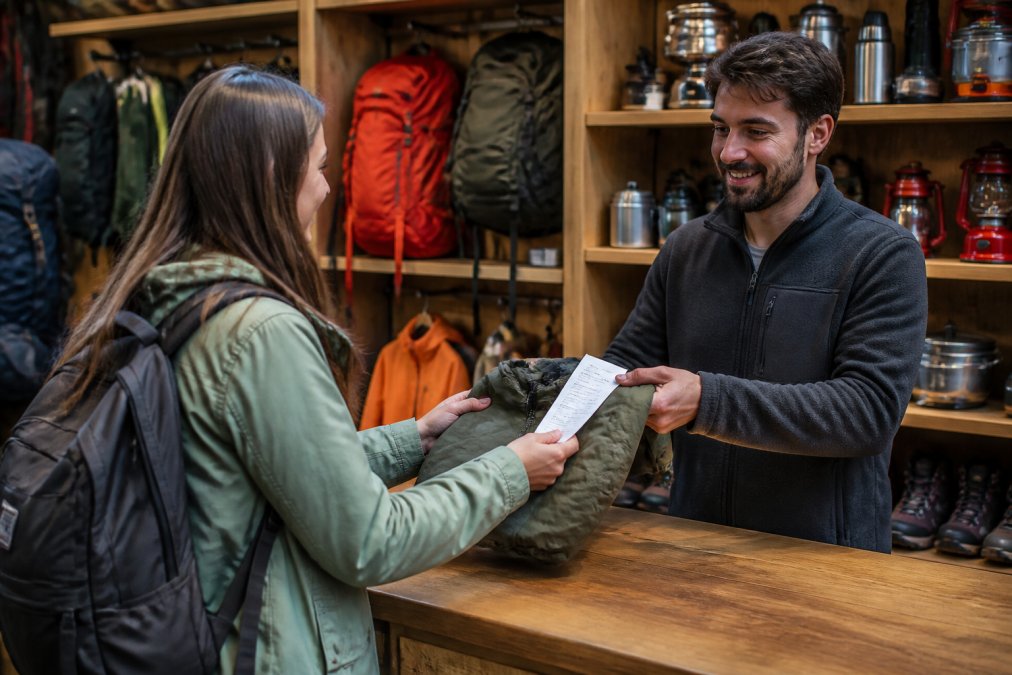 A customer at a counter in an outdoor gear shop handing a jacket and receipt to a staff member, with camping equipment visible on shelves behind them