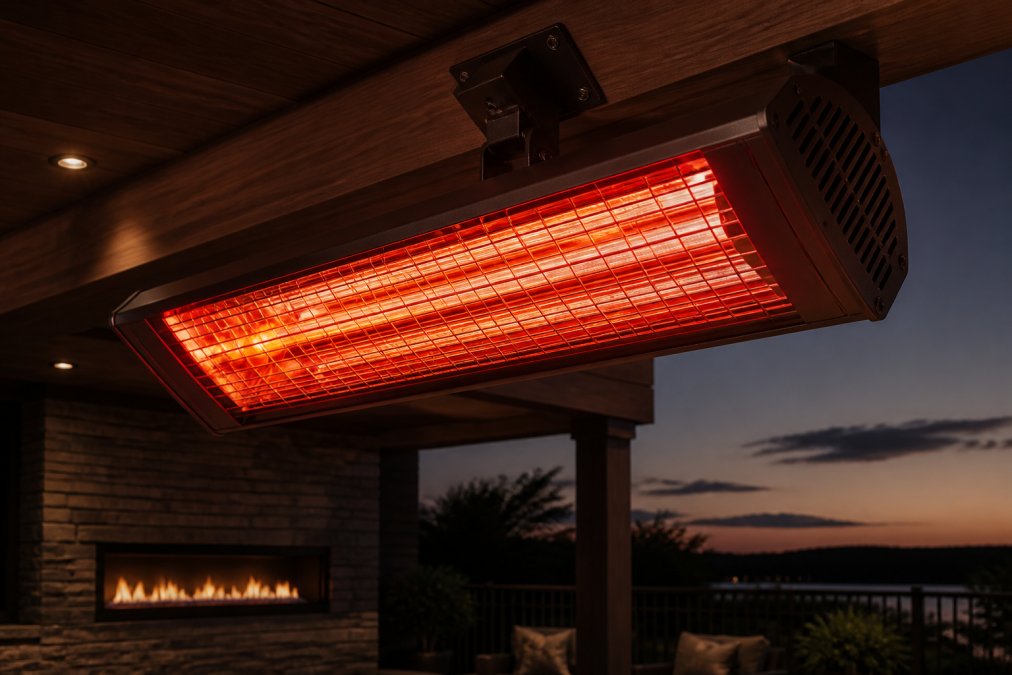 Close-up of an infrared heater glowing with warm red light during evening hours on a covered patio, showing the heating element and mounting bracket against a darkening sky