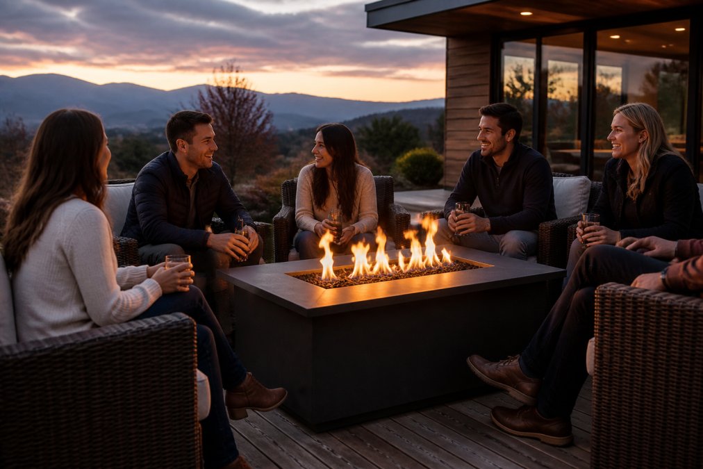 A propane fire table in use during a social gathering at dusk, showing people seated around it with the flame visible and warm ambiance illuminating their faces and the surrounding patio area
