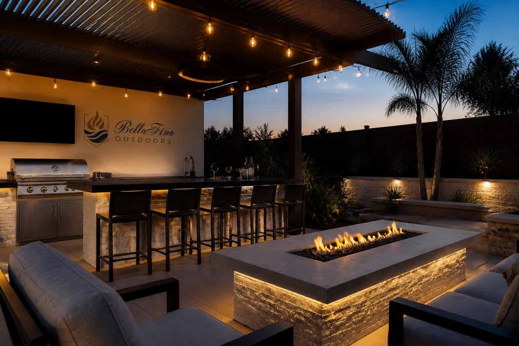 Modern outdoor living space at dusk with fire table, bar seating area, ambient string lighting, and pergola providing shade over entertaining zone
