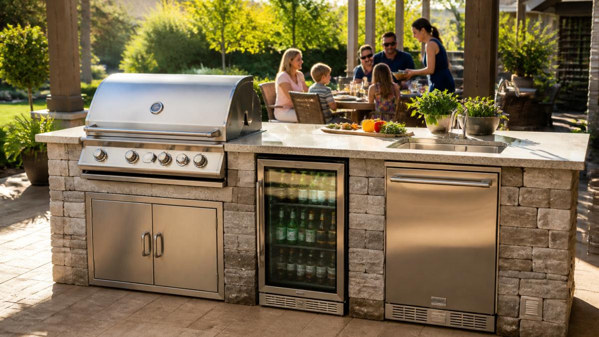 A sunlit backyard patio with a stainless steel outdoor kitchen island featuring a grill, granite countertop, and built-in refrigerator, a family gathered around in the background