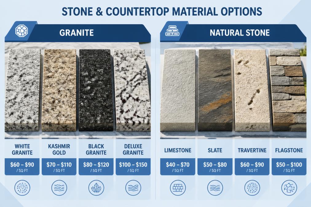 Close-up of multiple granite and natural stone samples displayed side by side showing varied colors, veining patterns, and finishes in bright natural daylight on a marble display table