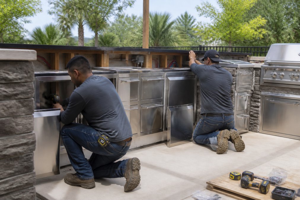 Professional contractor team installing stainless steel cabinetry and built-in appliances in a custom outdoor kitchen, with utility connections and structural supports visible in the background, working methodically during daytime