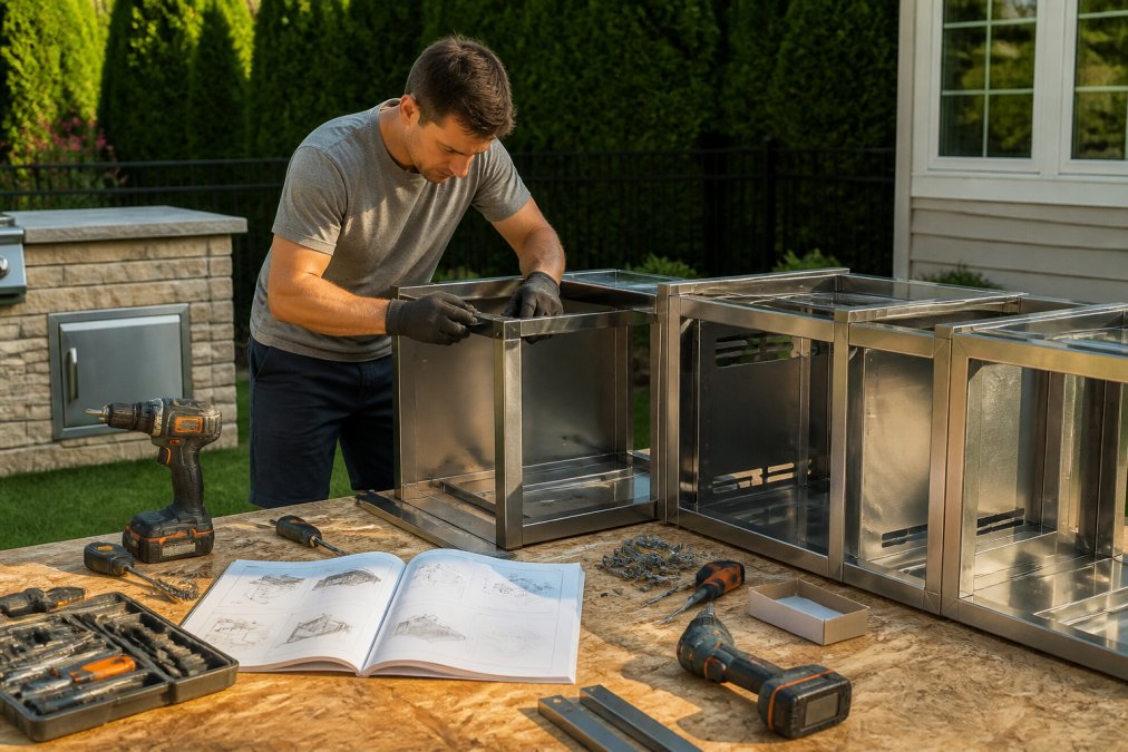 Homeowner assembling modular outdoor kitchen components in their backyard, with power tools, instruction manuals, and partially assembled stainless steel cabinetry visible on a work table, working during afternoon sunlight