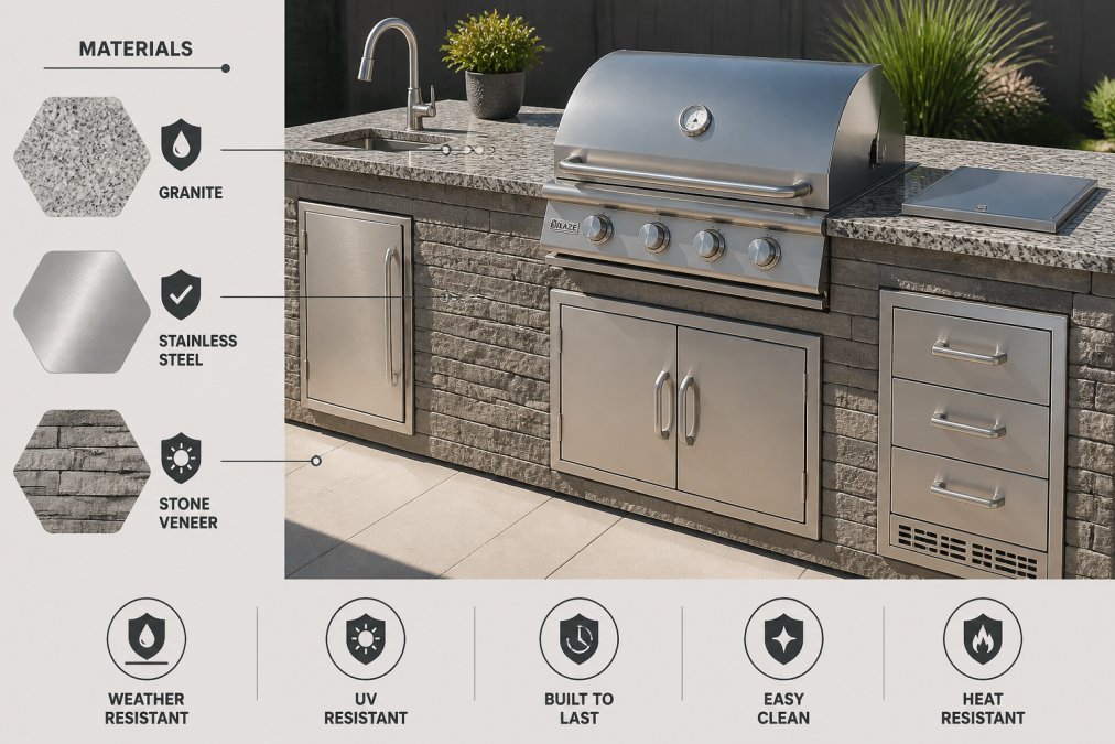 Close-up of an outdoor kitchen countertop showing stainless steel appliances set into stone veneer cabinetry with a granite countertop surface, bright midday sunlight casting clean shadows across the patio