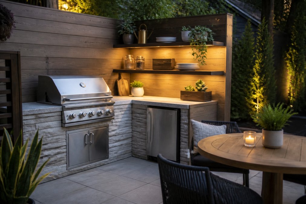 A compact L-shaped outdoor kitchen built into a small backyard corner, featuring a built-in gas grill, a small prep counter, and open shelving above, with a bistro table nearby in warm evening light