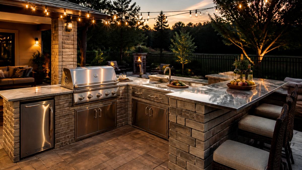 A luxury backyard patio at dusk with an L-shaped outdoor kitchen, built-in stainless steel grill, stone countertops, and a raised bar counter facing cushioned seating under overhead string lights