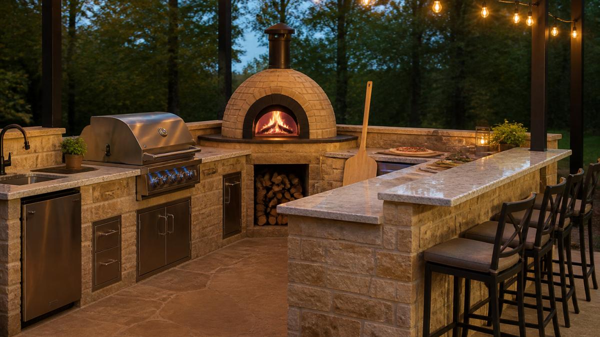 A completed L-shaped outdoor kitchen with a dome-shaped brick pizza oven at the corner, stone countertops, a prep area with a pizza peel resting nearby, and bar seating for four under warm string lights on a stone patio at dusk