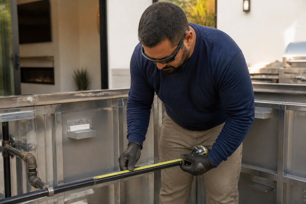 A professional contractor's hands measuring a section of black steel pipe with a tape measure on an outdoor kitchen island frame under construction