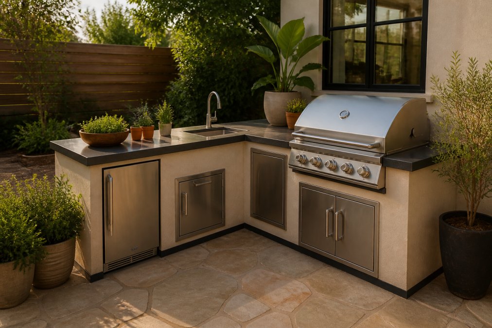 Compact L-shaped outdoor kitchen on a small patio with a grill, prep counter, and potted plants