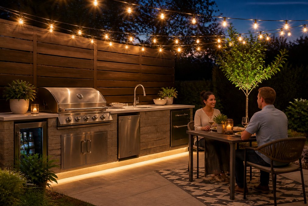 Small outdoor kitchen patio at dusk with warm string lights, under-cabinet lighting, and outdoor dining