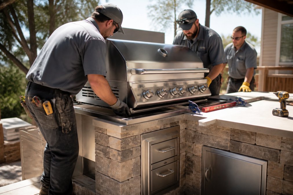 Professional installation crew positioning and securing a stainless steel built-in grill into a stone countertop outdoor kitchen island, with tools and safety equipment visible in morning sunlight