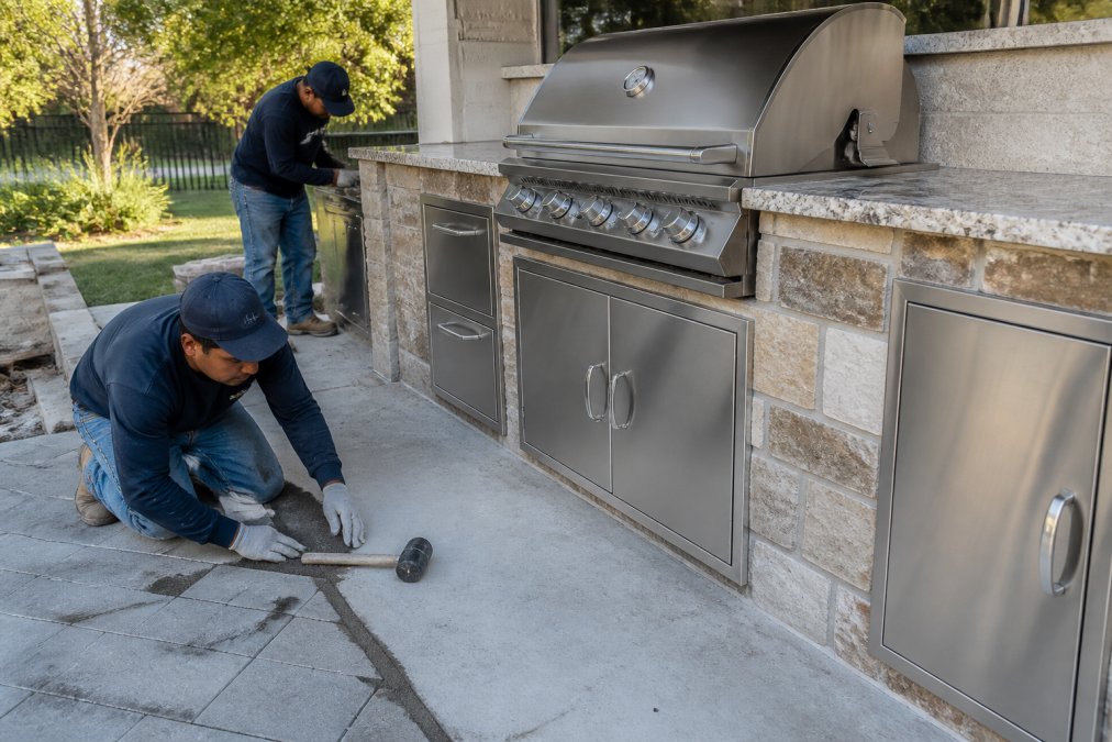 Professional outdoor kitchen installation in progress showing built-in stainless steel grill integrated into custom stone countertops with cabinetry below, workers completing final hardscaping details on a concrete slab foundation