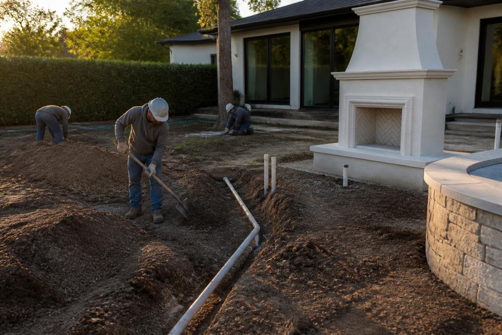 Contractor team excavating and preparing backyard site with trenches for utility lines visible in the ground, showing foundation work in progress during late afternoon sunlight