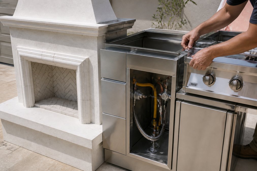Close-up view of modular outdoor kitchen components being assembled on a patio, showing pre-fabricated stainless steel sections being connected together with visible gas and electrical connections