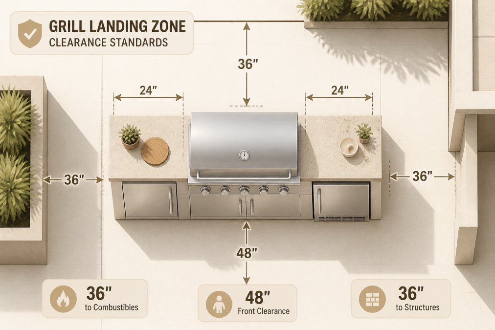 Overhead view of a well-designed stainless steel outdoor kitchen island with a grill, showing clear counter space on both sides with proper clearance from nearby structures, natural sunlight casting shadows