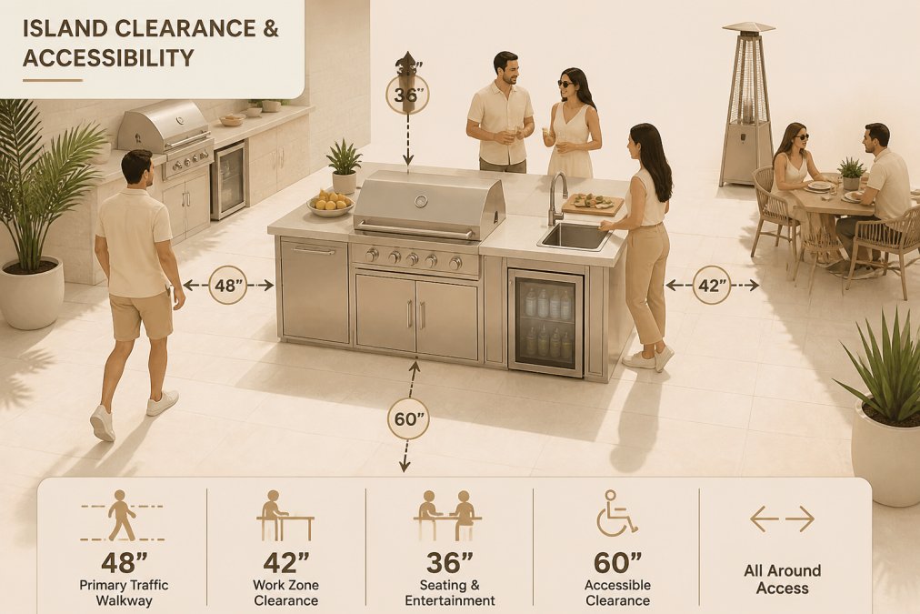 Luxurious stainless steel outdoor kitchen island with people standing at various distances around it demonstrating proper traffic flow and comfortable entertaining space, warm afternoon sunlight
