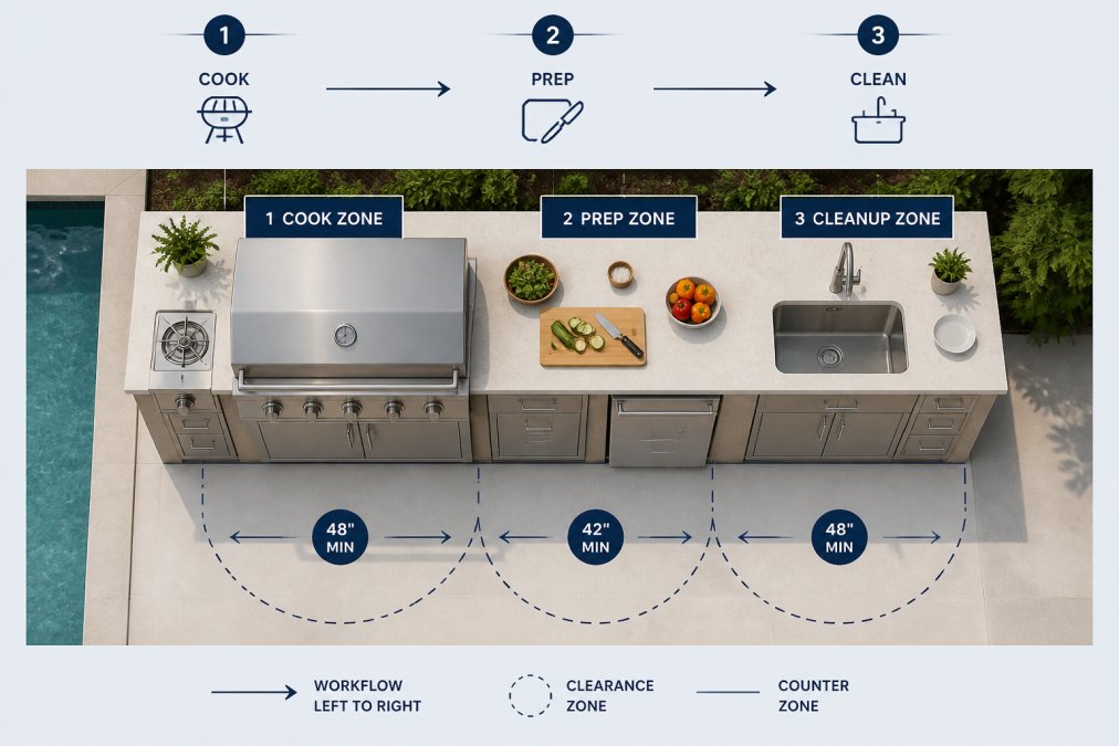 Overhead view of a functional outdoor kitchen showing three distinct work zones with a stainless steel grill station, a prep counter with fresh vegetables and cutting boards, and a cleanup area with an under-counter sink and storage, demonstrating workflow spacing and clearance zones