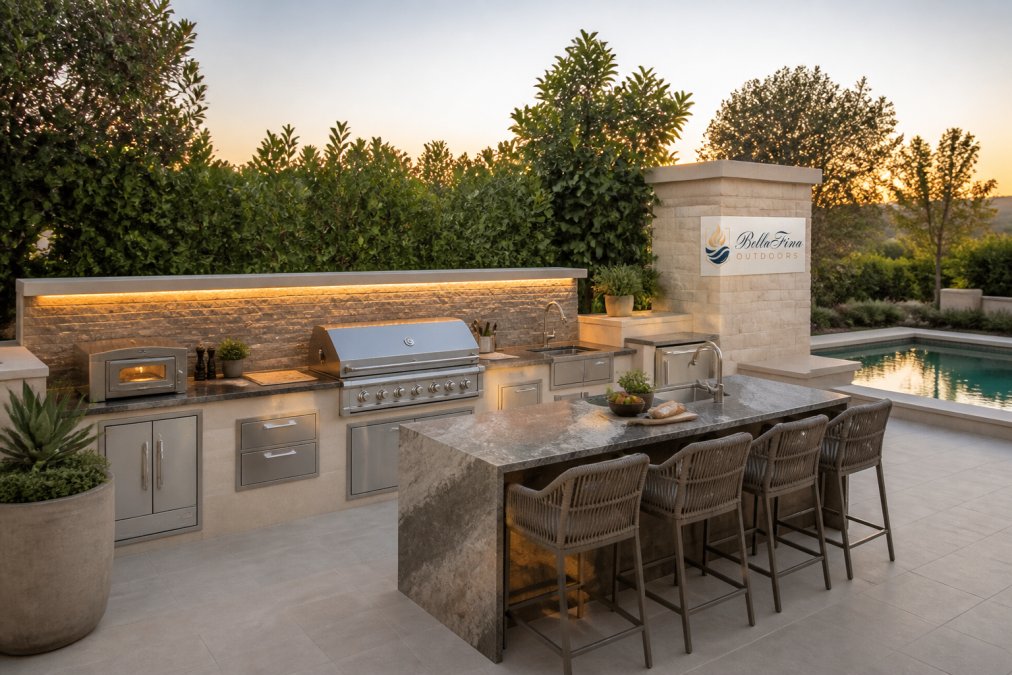 Wide-angle shot of a built-in outdoor kitchen featuring stainless steel appliances, stone countertops with a backsplash, and a central island with bar seating, showing how multiple layout elements work together in a real backyard patio setting with mature landscaping