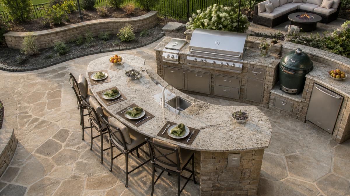 Overhead view of a completed outdoor kitchen featuring an island layout with built-in grill, stainless steel countertops, and integrated seating area adjoining a stone patio surrounded by landscaping