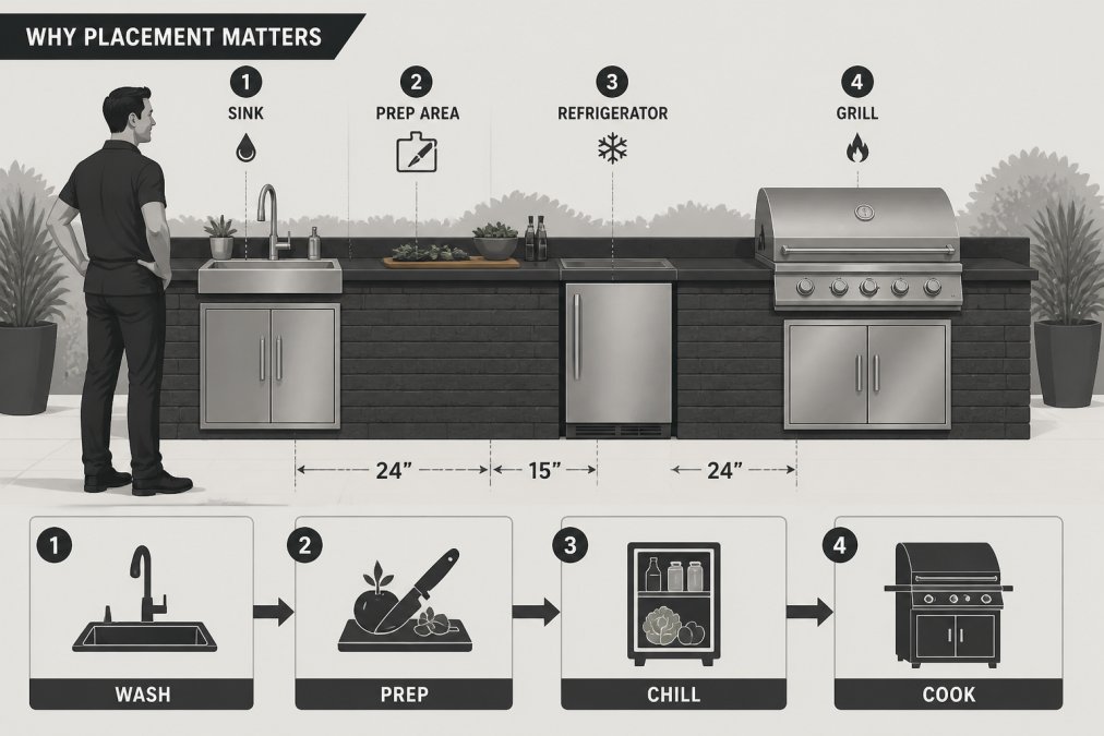 Diagram illustrating logical workflow and spacing for a built-in outdoor kitchen refrigerator near a prep area and grill