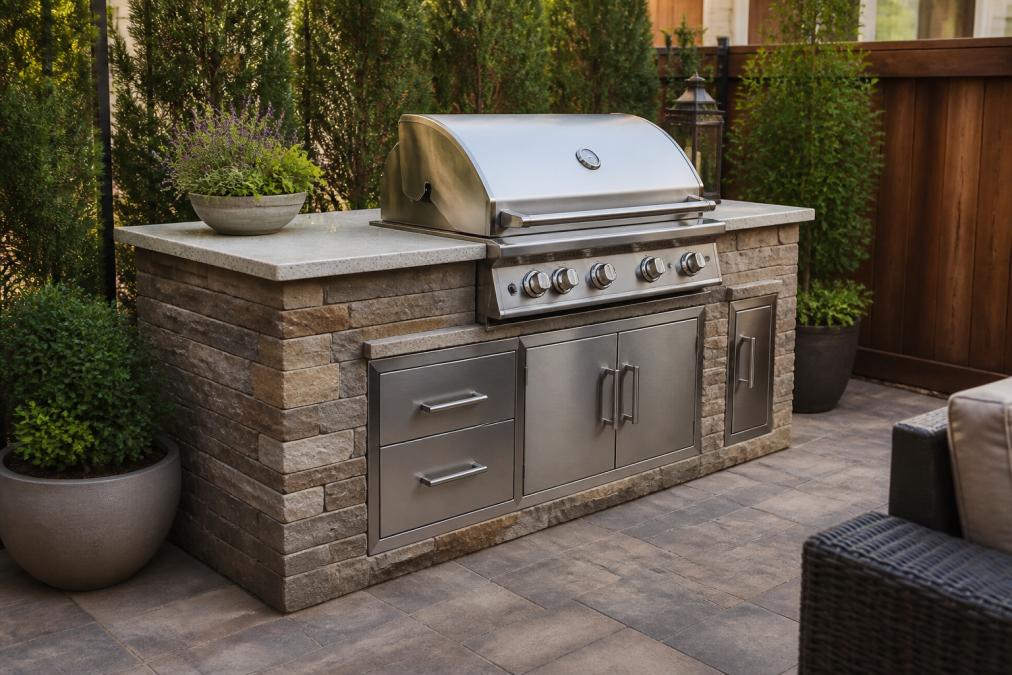 A compact outdoor kitchen island with a built-in stainless steel grill, stone countertop, and storage drawers, set on a small paved patio with potted plants and a privacy fence in the background