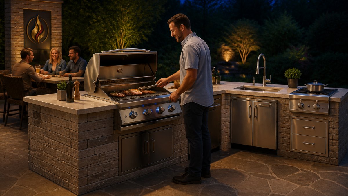 An L-shaped outdoor kitchen island on a stone patio with a built-in grill, side burner, and sink, with a host cooking while guests relax nearby at dusk