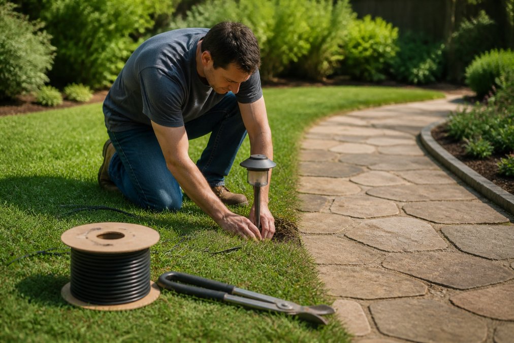 A homeowner kneeling on a lawn placing a low voltage landscape light fixture next to a garden path, with a roll of low voltage cable nearby and a trenching tool on the grass