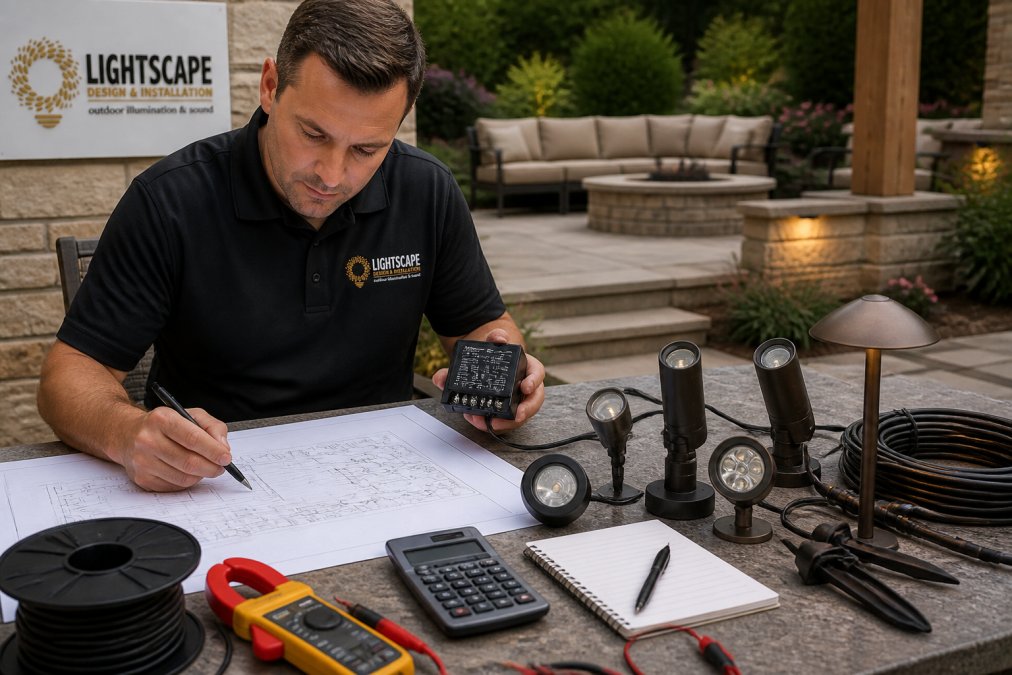 Professional outdoor lighting designer measuring transformer wattage specifications and calculating fixture loads at a patio installation site with various low-voltage fixtures displayed