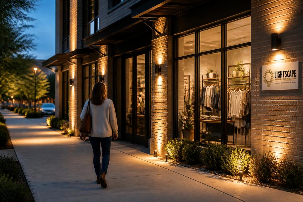 Customer walking toward a retail store entrance illuminated by warm outdoor lighting at dusk