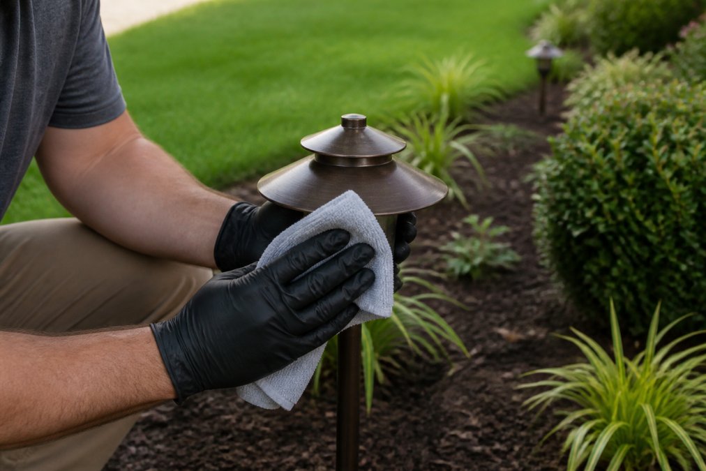 Close-up of a homeowner's gloved hands wiping down a bronze path light fixture with a soft cloth, garden bed and green lawn visible in the soft afternoon light behind them