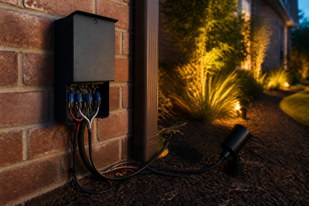 A low-voltage landscape lighting transformer mounted on an exterior brick wall, with visible wire connectors and direct burial cable runs leading into a mulched garden bed at dusk, warm amber fixture light glowing in the background