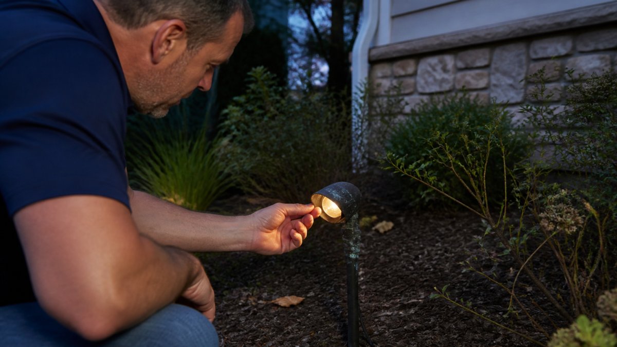 Homeowner inspecting a corroded flickering landscape light requiring outdoor lighting repair at dusk