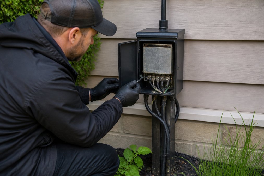 Technician examining an outdoor lighting transformer and low-voltage wiring system mounted on a residential property, checking weatherproofing seals, electrical connections, and signs of corrosion