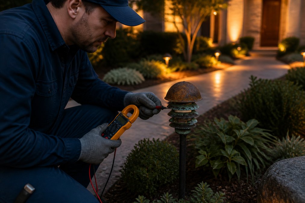 A professional electrician in work gloves inspecting a corroded outdoor landscape light fixture near a residential pathway at dusk, with a multimeter in hand