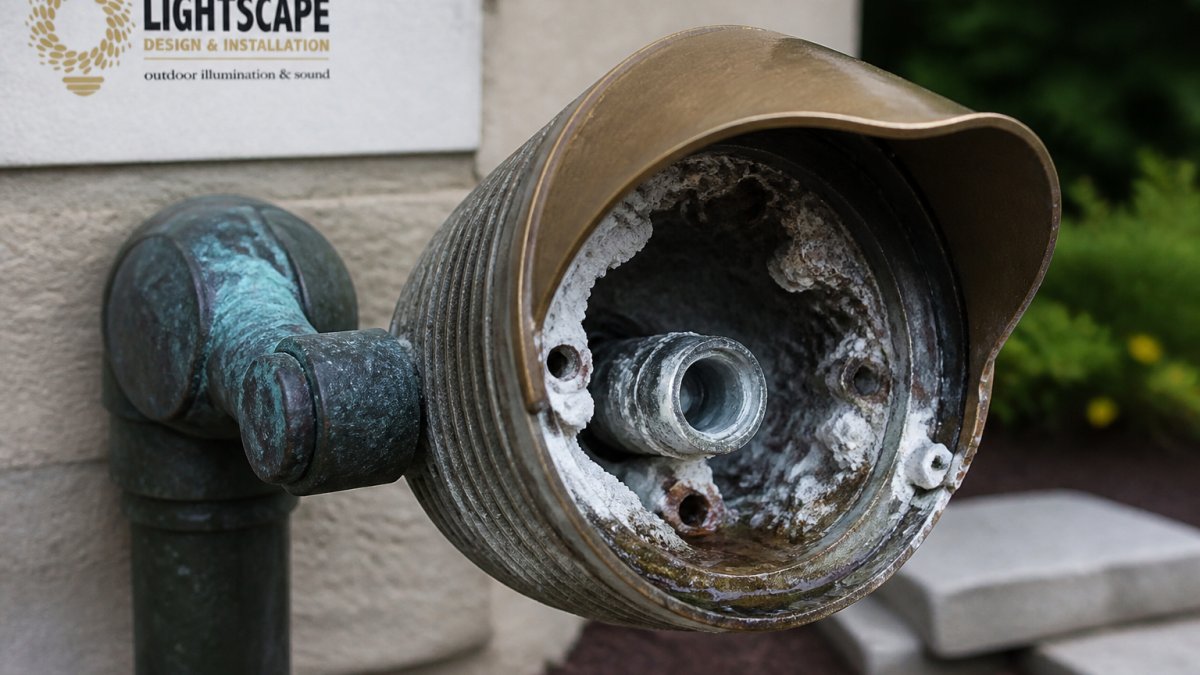 Close-up of corroded outdoor lighting fixture showing moisture damage, weathered copper connections, and white oxidation buildup on metal components after extended outdoor exposure