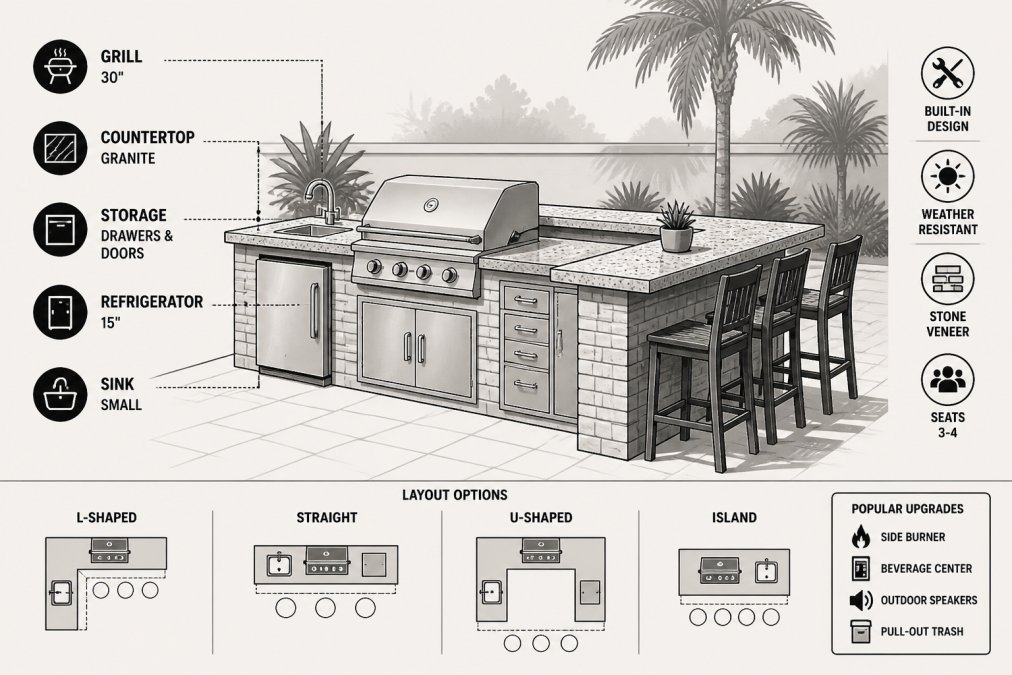 Professional outdoor kitchen with stainless steel grill, granite countertops, and wooden bar seating area in a South Texas backyard under afternoon sunlight