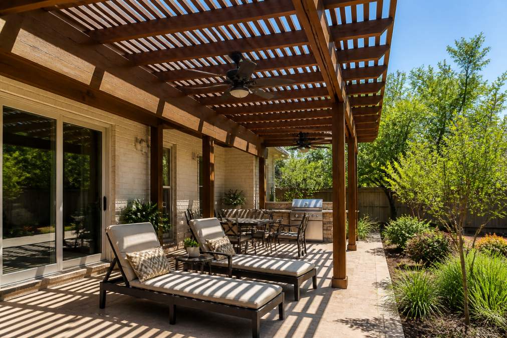 Timber frame pergola casting striped shadows over lounge chairs and a ceiling fan installation on a residential patio in bright afternoon sunlight