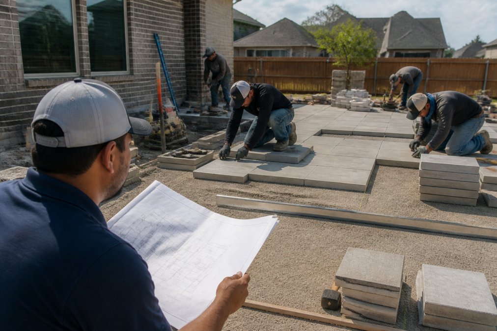 Outdoor living contractors installing concrete pavers on a suburban patio while reviewing design plans.