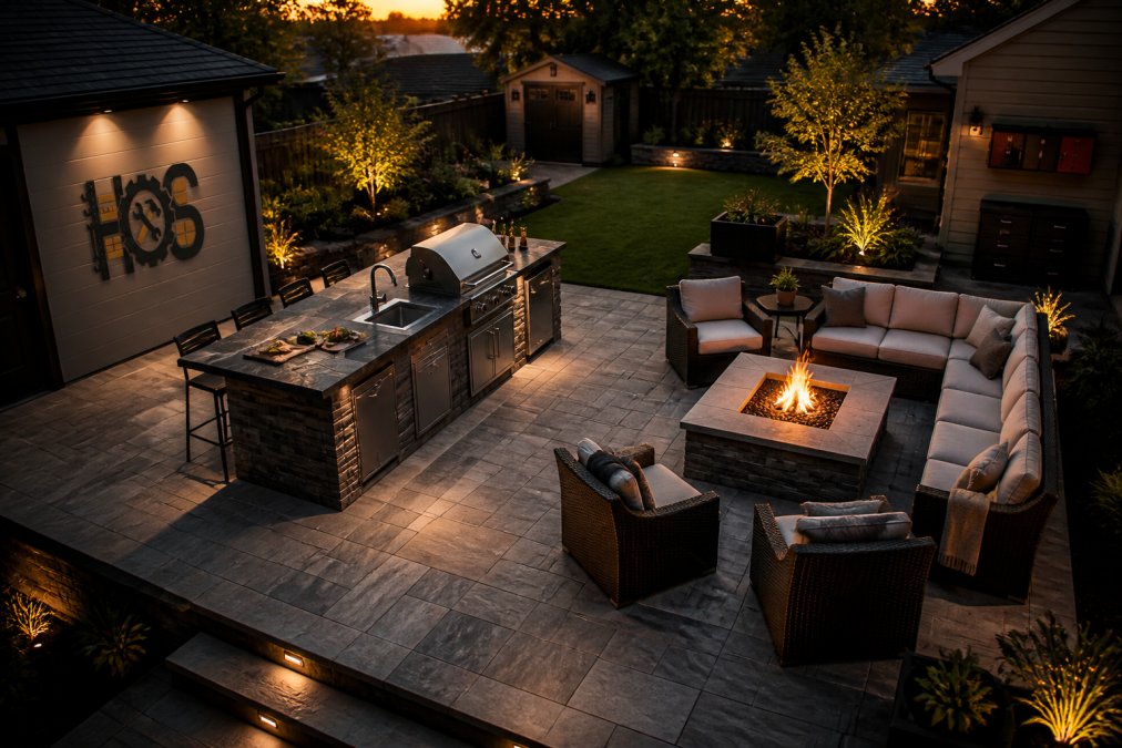 Aerial view of a patio with an outdoor kitchen and fire pit lounge at sunset