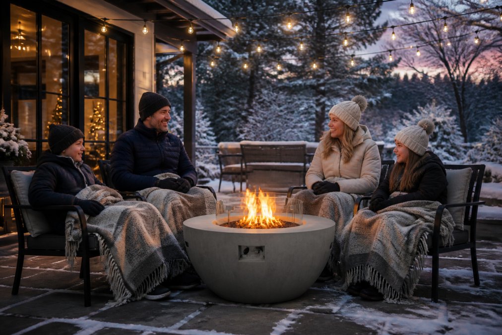 A family of four gathered around a concrete propane fire pit table on a snow-dusted patio at dusk, wrapped in wool blankets with amber flames glowing through a glass wind guard and string lights overhead